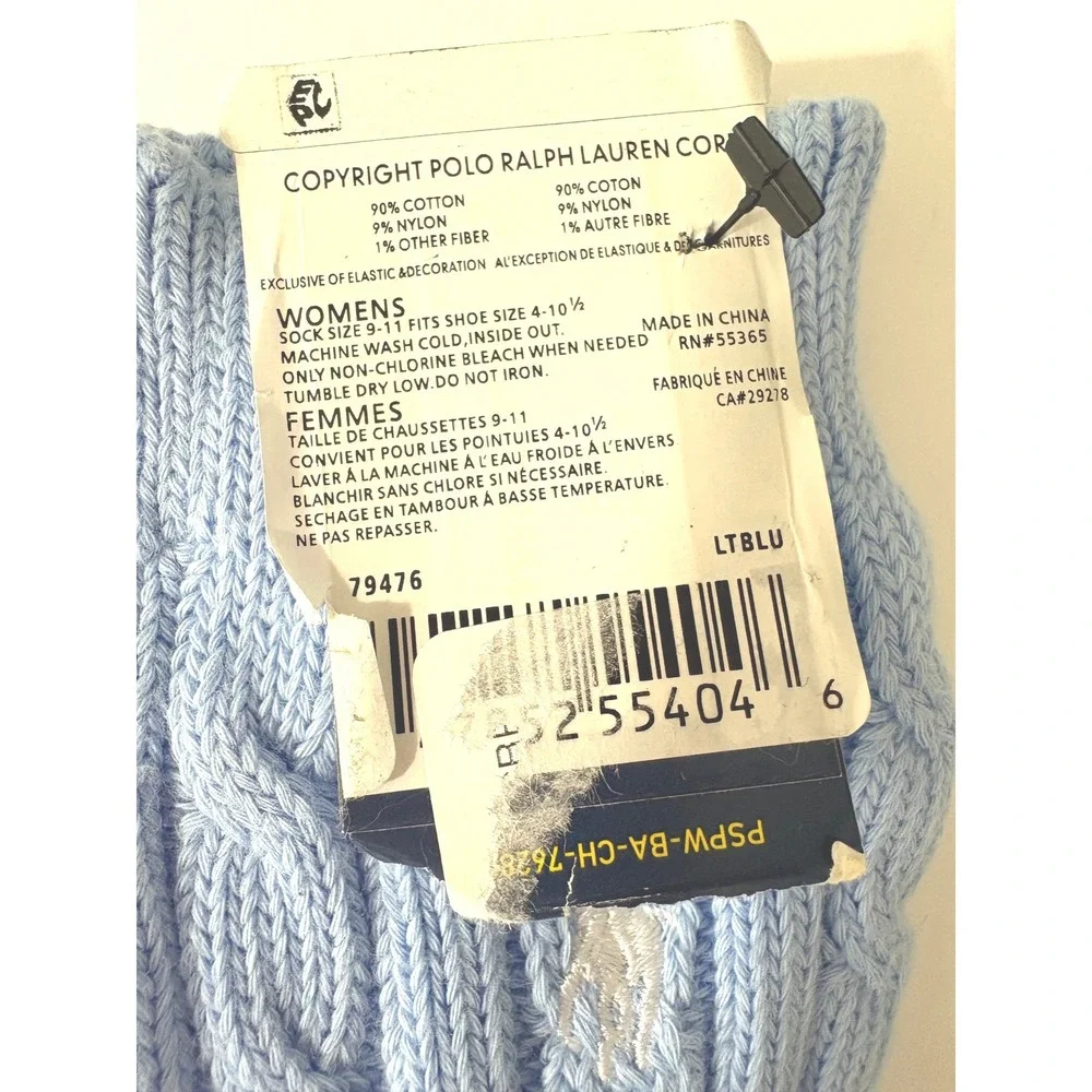 Polo Ralph Lauren Womens Cable Knit Crew Socks Light Blue Embroidered Pony 9-11